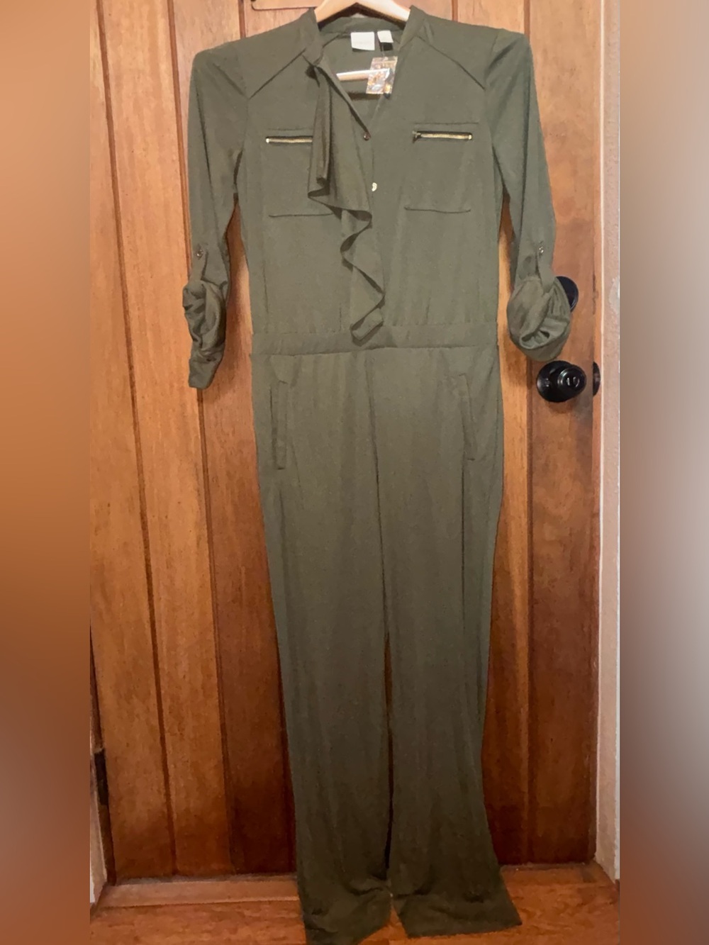 Chico's Olive Utility Ruffle-Front Jumpsuit